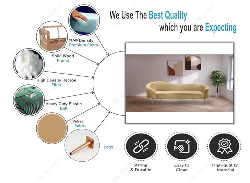 Image of Rosewood Luxury Curved Sofa in Premium Velvet-Fabric | Solid Wood Structure | High Density Foam | Sturdy Golden Legs | Comfortable & Stylish Couch for Modern Living Room (Camel, 2 Seater)