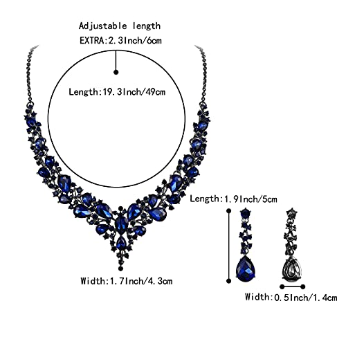BriLove Wedding Bridal Jewelry Set for Women Austrian Crystal Teardrop Cluster Statement Necklace Dangle Earrings Navy Blue Sapphire Color Black-Silver-Tone.
