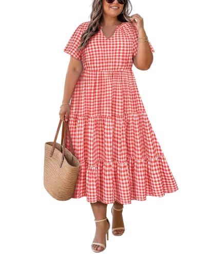 Image of TIYOMI Women Plus Size Dress Boho V Neck Short Sleeve Beach Maxi Dresses Floral /Stripe /Leaves /Lemon XL-5XL