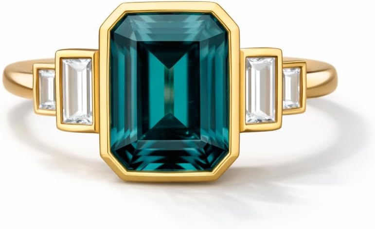 14K Solid Gold Emerald Cut Teal Sapphire Engagement Ring, Three Stone Art Deco Ring with Baguette Side Accents, Vintage Bridal Handmade Jewelry Gift for Women