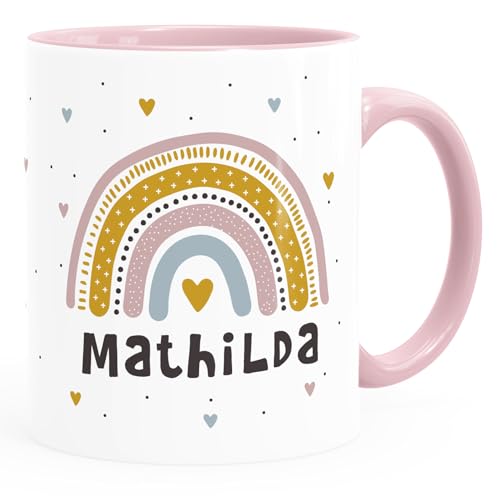 SpecialMe® personalisierte Tasse mit Namen Regenbogen Herz persönliche Geschenke Kinder Namenstasse Mädchen Jungen Inner-rosa Keramik-Tasse
