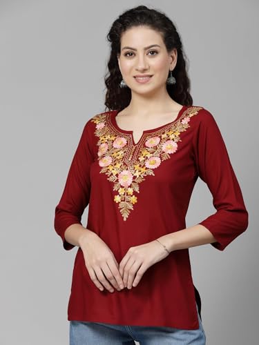 Image of QAZMI Women's Rayon Cotton Straight Keyhole Neck Three-Quarter Sleeves Israa Kashmiri Embriodered Short Kurti