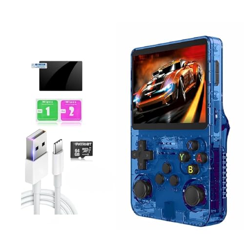 Image of PLUSPOINT R36S Portable Handheld Game Console (64GB) with 18000+ Retro Classic Preloaded Video Games, 3.5 Inch IPS Display,Rechargeable Battery , Pocket Arcade Gaming Device (Blue)