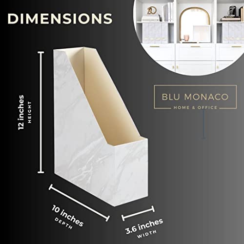 BLU MONACO Set of 4 Magazine Holders | White Marble Design with Gold Label Holders | Foldable File Organizer Boxes for Desk, Office & Classroom | Stylish Paper & Magazine Storage - Image 3