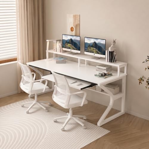 Image of TEKAVO Plik Computer Table for Home Pc | Office Table for Home | Shelf, Moniter Riser & Keyboard Tray, Laptop Table, Worktable, Study Table, Workstation | Whitewood, Metal, (150 Cm x 60 Cm) DIY