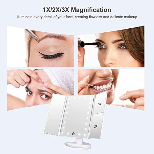 WEILY Vanity Makeup Mirror,1x/2x/3x Tri-Fold Makeup Mirror with 21 LED Lights, Adjustable Touch Screen Lighted Mirror Dressing Mirror, gift for women (white)