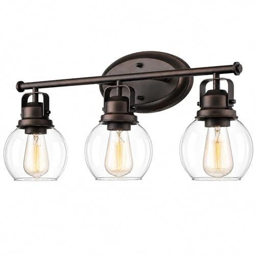 Image of 3-Light Farmhouse Bathroom Vanity Light Over Mirror | Oil Rubbed Bronze Vanity Lighting Fixture with Globe Clear Glass, Metal Frame, Wall Mounted, AD-2148-3W