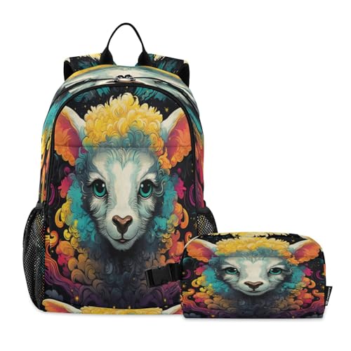 Mouton d'art aquarelle fantaisie sac à déjeuner ensemble sac à dos pour étudiants légèreté