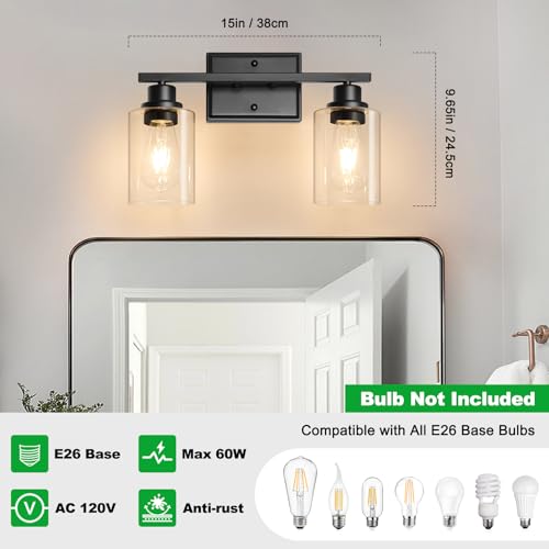 Image of Unicozin 2 Light Bathroom Light Fixtures, Modern Vanity Lights Over Mirror, Black Wall Lamp with Clear Glass for Living Room Cabinet Bedroom Porch