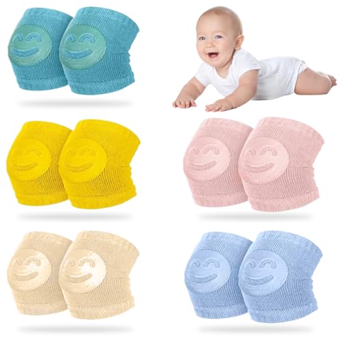 IOURVYA 5 pares de rodilleras de manga para gatear, ayuda para gatear antideslizante para bebés, algodón unisex con protector antideslizante de goma con cara sonriente