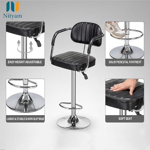Image of Nityam Height Adjustable Bar Stool Chair with Arms for Home Office Kitchen Counter Shop Bar Restaurant Cafe with Footrest, Black Leather, 360 Swivel, Chrome Base, Soft Padded Seat, (Color-Black)