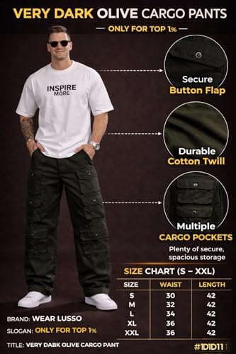 Image of Wear lusso 10 Pocket Cargo Pants for Men | Cotton Twill Fabric | Regular Fit Utility Cargo Trousers | Casual Streetwear Bottomwear