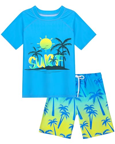 Boys Two Piece Rash Guard Swimsuits Sets Kids Short Sleeve Swim Shirts Bathing Suit with Swim Trunks Swimwear Set
