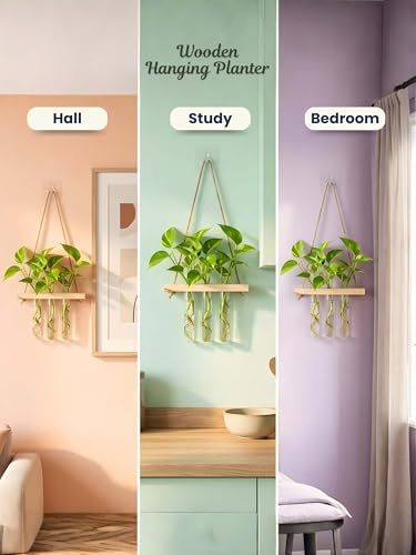 Image of Hanging Planter Set of 2 with Wooden Holder & Rope | 6 Test Tube Hanging Plant Indoor Stand | Wooden Planter for Home Decor, Living Room, Balcony & Office Decoration