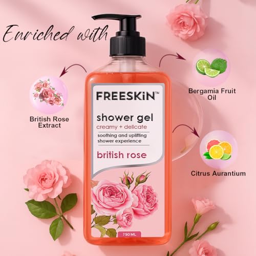 Image of Freeskin British Rose Shower Gel-750ml Creamy + Delicate - Luxurious Floral Body Wash with Natural Rose Extracts for Gentle Cleansing, Deep Hydration, and Soft, Smooth Skin - Suitable for All Skin Types - Paraben & Sulfate Free