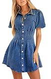Yewfirm Denim Dress for Women Puff Sleeve Mini Jean Dresses for Women 2025 Summer Casual Blue Denim Dress Size Large
