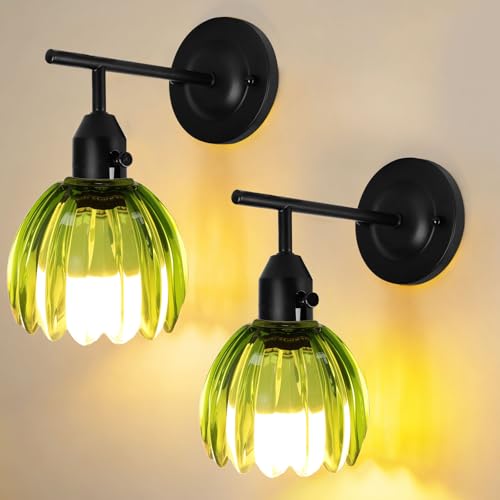 Image of Vintage Wall Sconces Set of 2 with Green Tulip Glass Lampshade, Hardwired and Wireless Wall Mounted Light Fixtures (2 Usage Methods), Black Lamp with Switch for Bedside Bedroom Living Room Wall Decor