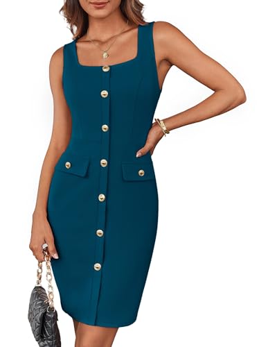 Image of GRACE KARIN 2025 Women's Buttons Belted Square Neck Business Work Dress Sleeveless Bodycon Midi Dress