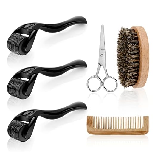 URAQT beard tillväxtkit för män, 6 stycken skäggskötsel kit för Män stimulera skägg- och hårtillväxt, inkluderar 3 mikronålsrullar med olika specifikationer (0,5 mm, 1 mm, 1,5 mm), 1 skäggborste, 1 skäggsax, 1 skäggkam, skäggvårdskit för bästa present till pappa, vän, manlig kollega