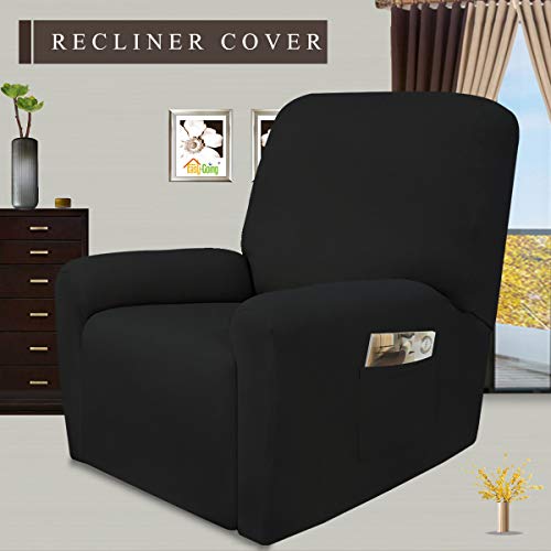 Image of Easy-Going 4 Pieces Stretch Recliner Chair Slipcover | Spandex Soft Fitted Sofa Couch Cover, Washable Furniture Protector with Bottom for Kids, Pet Black