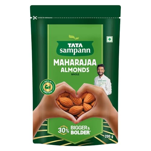 Tata Sampann Maharajaa Almonds/Badam (Whole), 30% Bigger & Bolder, Rich in Protein, Magnesium, Phosphorus, Bold Crunch, Chef Ranveer Brar's Choice, Perfect for Snacking, 200g