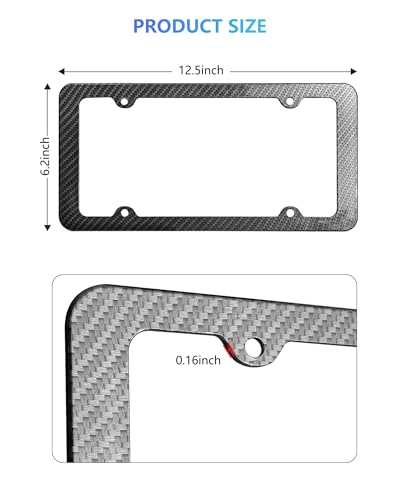 Carbon Fiber License Plate Frames- Black Plastic Car Tag Holder, 2 Pack 4 Hole Slim Edge Front Rear Bracket with Screw Caps and Car Door Handle Stickers