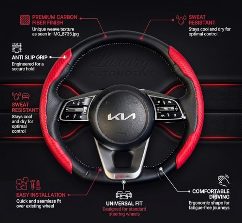 Image of High Life Red Carbon Fiber Steering Wheel Grip Covers, Non-Slip Ergonomic Handle Grips for Enhanced Control, Reduced Hand Fatigue, Sporty Interior Upgrade, Easy Wrap-On Installation, Universal Fit