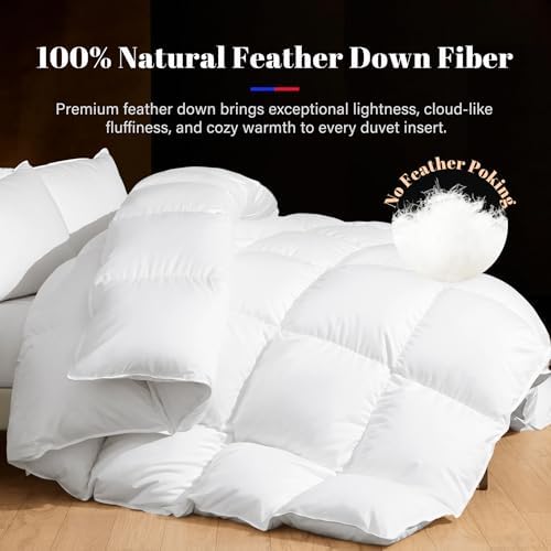 Feather Down Comforter King Size Duvet Insert, Light Weight True Baffle-Box Noiseless Bedding Comforters, Soft Hotel Collection Bed Comforter, Medium Warmth, 106 X 90 in. - Thumbnail 5