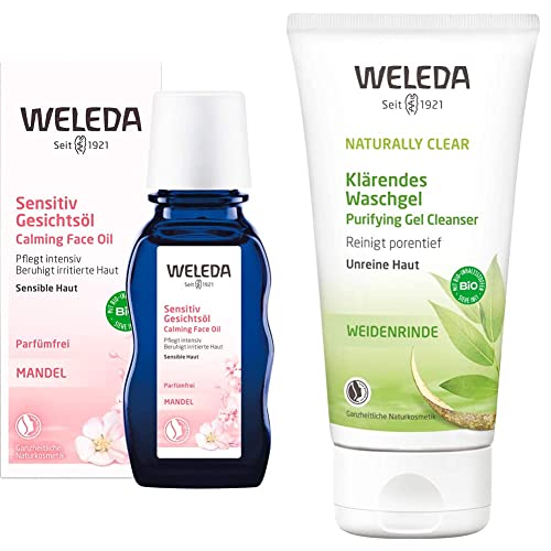 WELEDA Bio Mandel Sensitiv Gesichtsöl, intensives Naturkosmetik Bio Pflegeöl gegen unreine Haut, Hautirritationen und zur Make-up Entfernung (1x50ml) & Bio Naturally Clear Klärendes Waschgel(1x100ml)