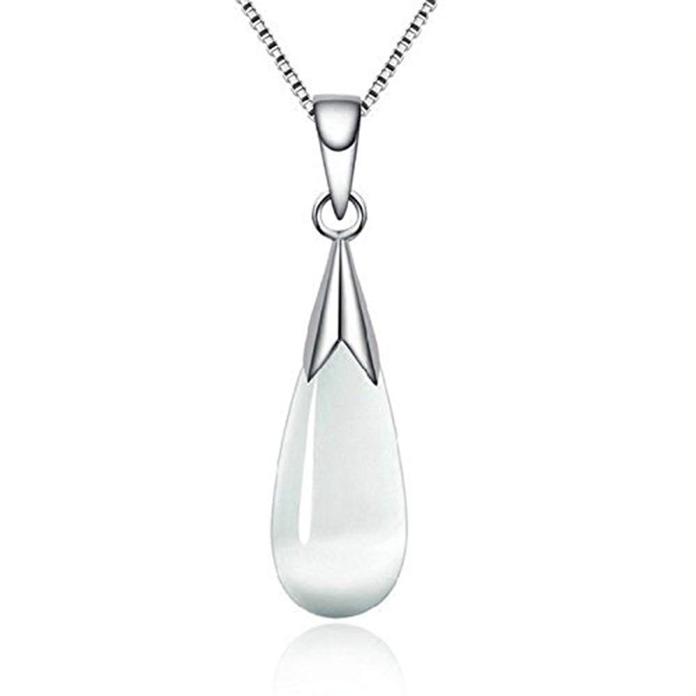 Simple Moonlight Stone Cat Eye Drops Pendant Plated Silver Ornaments Natural Crystal Necklaces for Women (Silver)
