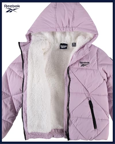 Image of Reebok Girls Heavyweight Quilted Cropped Puffer Parka with Sherpa Lining | Plush Faux-Fur Trim, Wind-Blocking Hood, Deep Pockets for Warm Hands, Modern Silhouette for School and Cold Days