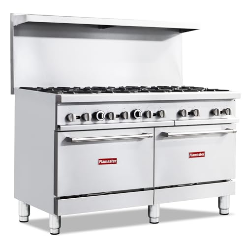 Commercial 60' Gas Range with Oven, 10 Open Burners and Under Full Size Oven 300000 BTU & 33000 Static Oven,NG/LPG Conversion kit, Manual Gas Valve,Freestanding Gas Range for Restaurants
