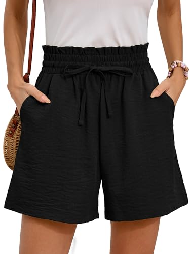 Moodclo Women's Wide Leg Shorts Black X-Large Summer Comfy Casual with Pockets High Waisted Drawstring 2025 Flowy Beach Vacation Trendy Clothes