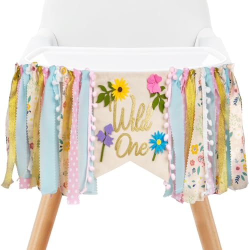 Image of Wildflower High Chair Banner - Floral inchWild One inch First Birthday Decor for Girls, Spring Theme Highchair Garland, 1st Birthday Party Decoration, Baby Shower Photo Backdrop
