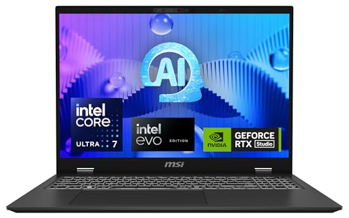 MSI Prestige 16 AI Studio Laptop, 40,6 cm (16,0') QHD+, Intel Core Ultra 7 155H, 32 GB LPDDR5 RAM, 1 TB SSD, GeForce RTX 4060, Windows 11 Home, QWERTZ Tastatur, schwarz, B1VFG-010