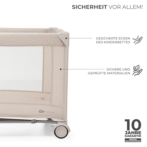 Kinderkraft Joy 2 Kinderbett, 2 in 1 Kinderreisebett, Babybetten, Kinderbett, Reisebett, Modernes Design, Kleine Abmessungen nach Zusammenklappe, Räder, Beige