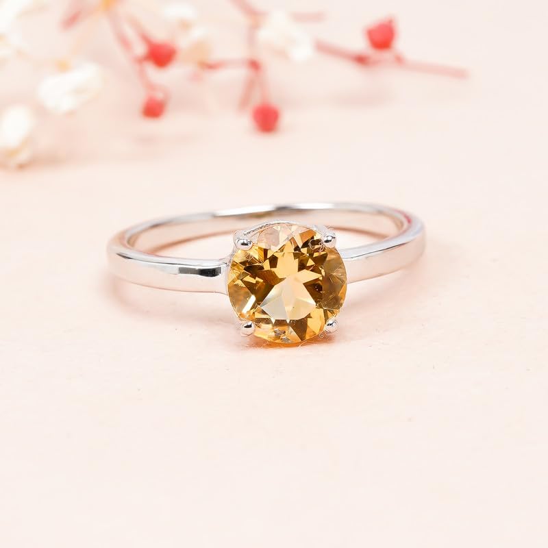 Bague solitaire argent 925 citrine ronde anti-ternissement