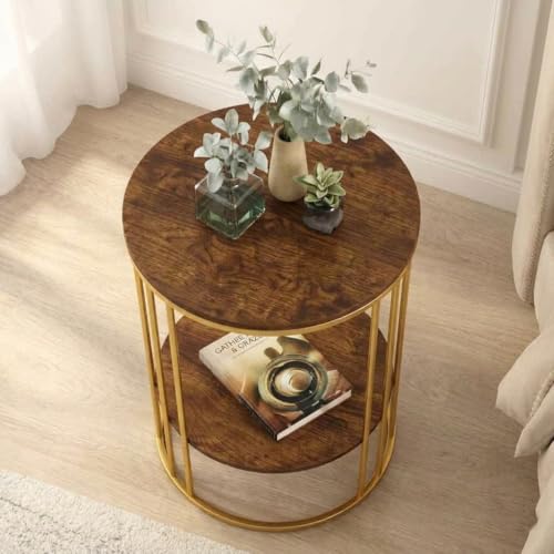 Image of Al Hama Round Coffee Table Sofa Side Accent End Table with Engineered Wood top and Black Metal Frame for Living Room (Gold Brown)