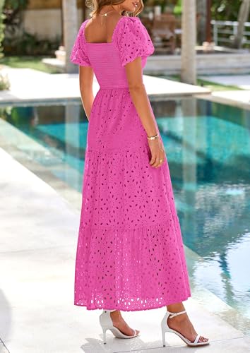 Image of PRETTYGARDEN Summer Dresses for Women 2026 Eyelet Square Neck Puff Sleeve Smocked Wedding Guest Maxi Dress with Pockets