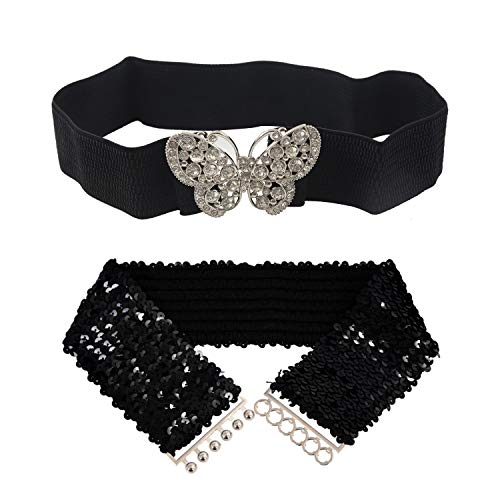 2 Pcs Women Rhinestones Accent Butterfly Hook Buckle Black Elastic Cinch Waist Belt - 56x7cm & 58x5cm, Black3