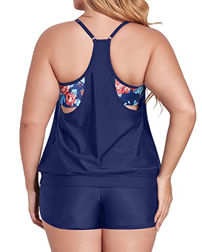 image for Holipick Navy Blue Women Plus Size Two Piece Tankini Set Swimsuits Tu