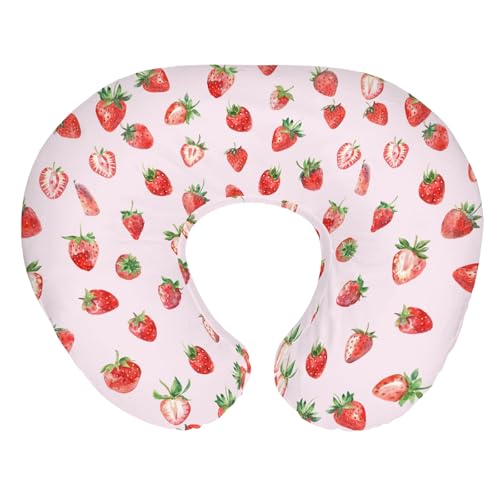 Image of Red Strawberries Baby Nursing Pillow Covers for Boy Girl Watercolor Strawberries Fruit Nursery Slipcovers for Breastfeeding Pillows Sweet Summer Pink Soft Stretchy Removable Covers for Newborn Infant