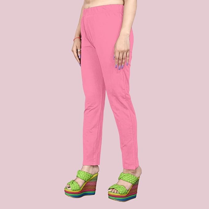 Image of Women's Solid Cotton Lycra Pants-High Waist Slim Fit Stretchable Leggings - Comfortable Long Trousers for Casual, Office & Everyday Wear