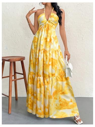 Image of SHENHE Women's Deep V Neck Tie Knot Backless Halter Dress A Line Flowy Ruffle Maxi Dress