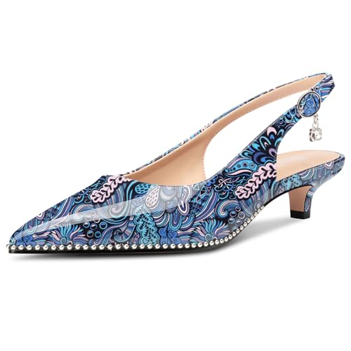 Image of TNYNFBEB Womens Low Kitten Heel Close Pointed Toe Pumps Slingback Silver Beaded Buckle Prom Party Dress Patent Leather 1.4 Inches Heels