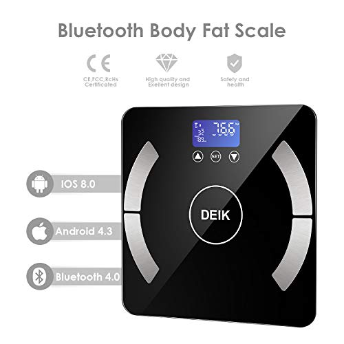 DEIK Body Fat Scale, Bluetooth Bathroom Scale with Smartphone APP, 18 Body Composition Analysis, High Precision Sensors, LCD Backlit Display, Include 3 AAA Batteries, Black - Thumbnail 6