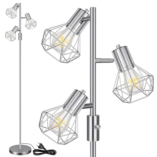HiBay Stehlampe Dimmbar LED E27 3 Flammig Leselampe Silber Modern Standleuchte Wohnzimmer mit 3x8W 800LM E27 für Schlafzimmer, Büro, Kinderzimmer