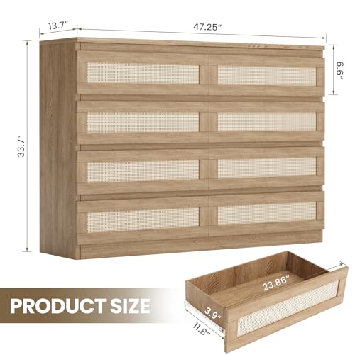 8-Drawer-Double-Dresser-for-Bedroom-Rattan-Chest-of-Dressers-Modern-Wooden-Dresser-Chest-Beside-Table-for-Closet-Nursery-Living-Room-and-Entryway-Natural 8 Drawer Double Dresser for Bedroom Rattan Chest of Dressers Modern Wooden Dresser Chest Beside Table for Closet Nursery Living Room and Entryway Natural