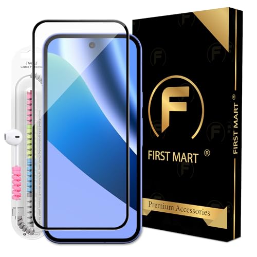 Image of FIRST MART Tempered Glass for Google Pixel 10A, 9H 0.3 mm Full-Glue Screen Protector with Cable Protector, 3D Edge-to-Edge, HD Clear, Case-Friendly, Black, Pack of 1