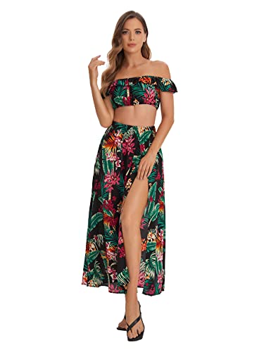 Floerns Women's Two Piece Outfit Floral Crop Top and Split Long Skirt Set4